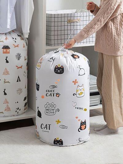 Large Cylinder Shape Drawstring Laundry Bag With Cute Printed Patterns