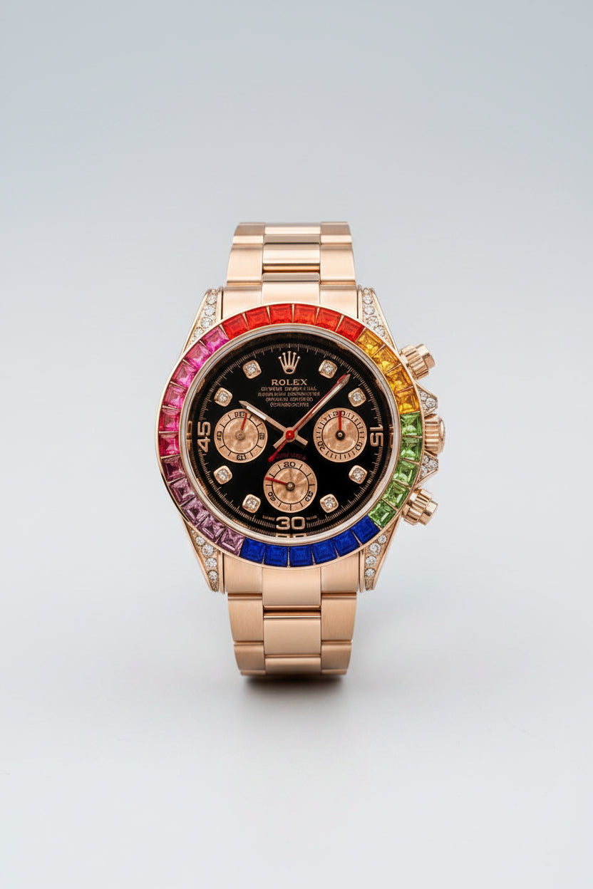 Rolex Daytona watch with a rose gold-tone metal bracelet and case, featuring a black dial and a vibrant rainbow-colored bezel
