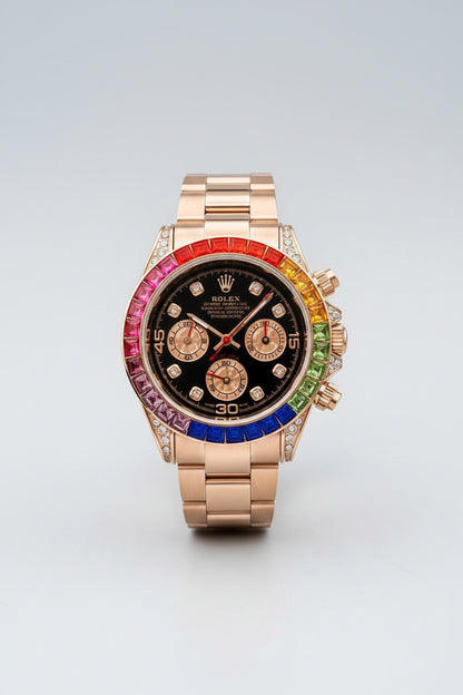 Rolex Daytona watch with a rose gold-tone metal bracelet and case, featuring a black dial and a vibrant rainbow-colored bezel