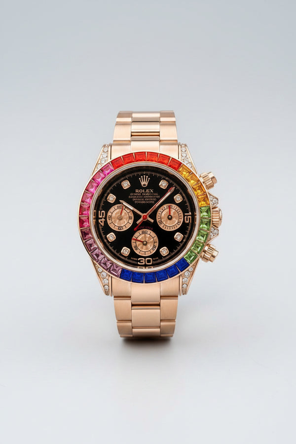 Rolex Daytona watch with a rose gold-tone metal bracelet and case, featuring a black dial and a vibrant rainbow-colored bezel