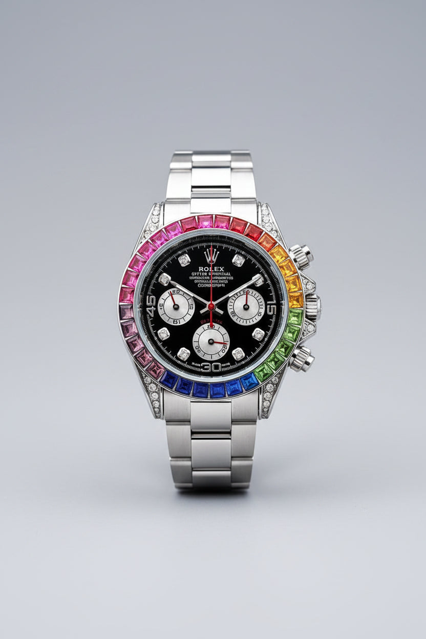 A Rolex Daytona watch with a black dial and a colorful rainbow bezel