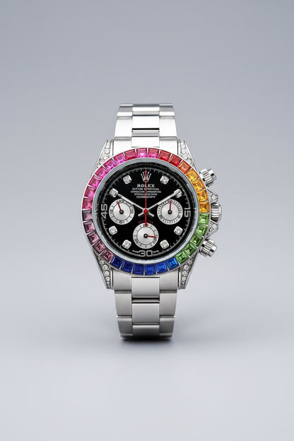 A Rolex Daytona watch with a black dial and a colorful rainbow bezel