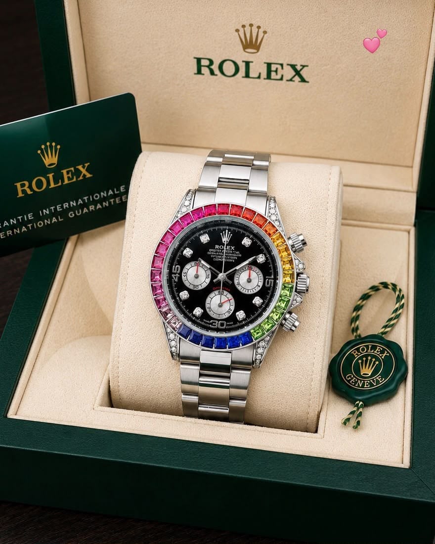 A Rolex Daytona watch with a black dial and a colorful rainbow bezel.
