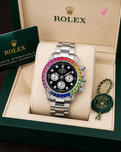 A Rolex Daytona watch with a black dial and a colorful rainbow bezel.